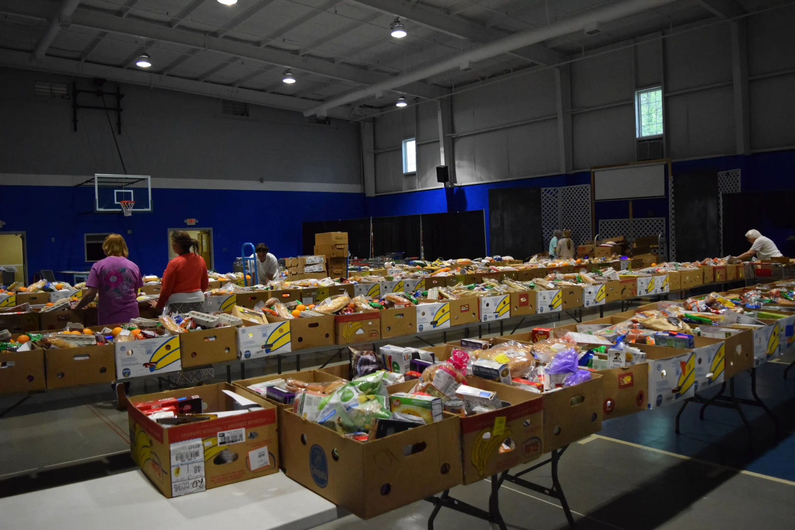 Boxes of food, ready to be distributed.