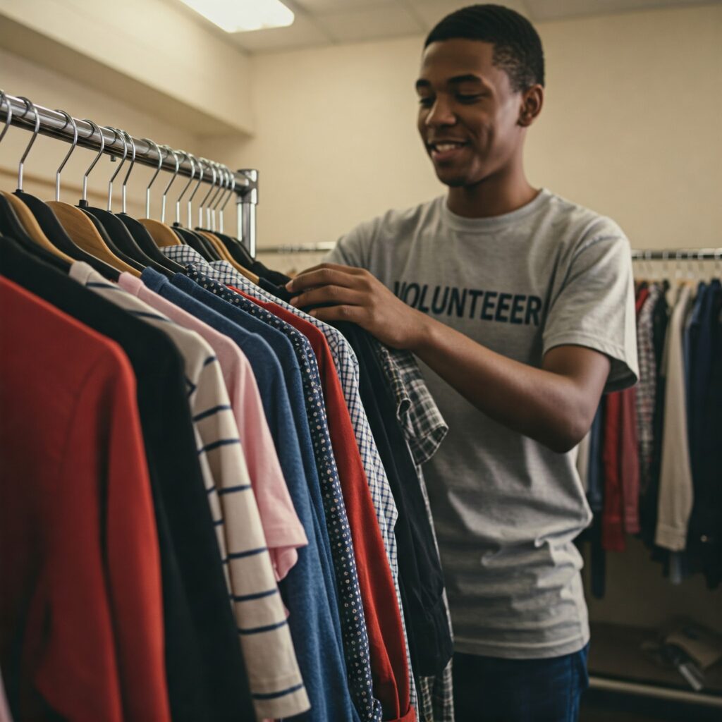 A young man, organizing clothes.